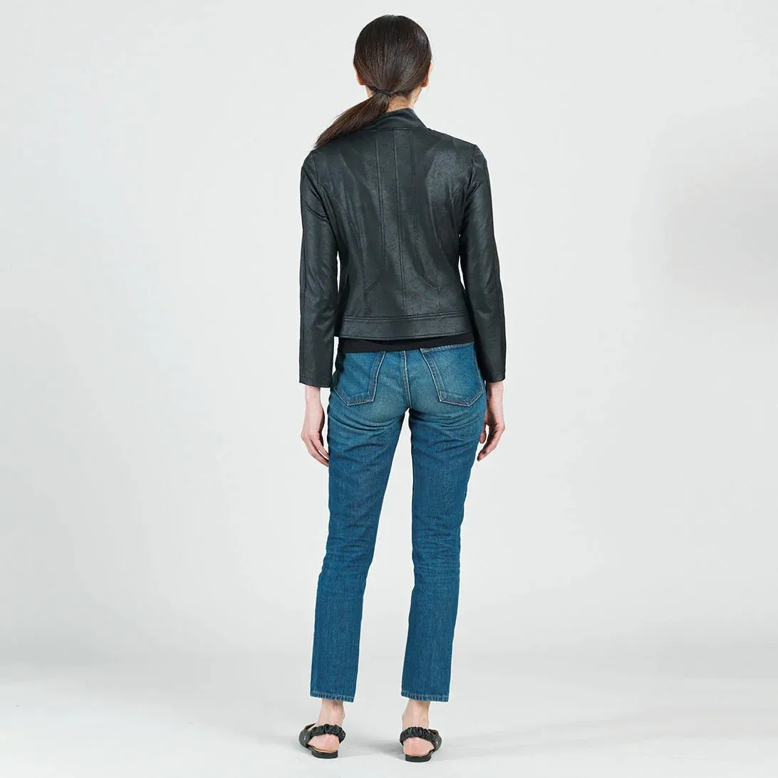 Women's Black Liquid Leather Knit Jacket with Double Zip Details