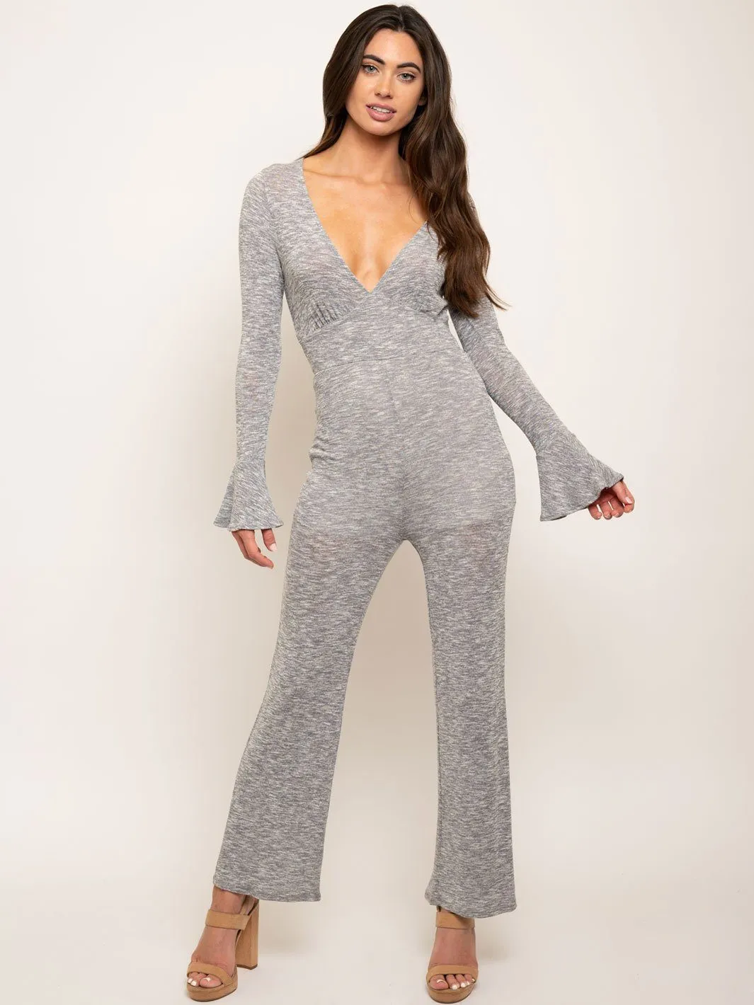 WOMEN'S LONG BELL SLEEVE V-NECK KNIT JUMPSUIT