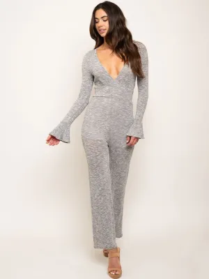 WOMEN'S LONG BELL SLEEVE V-NECK KNIT JUMPSUIT