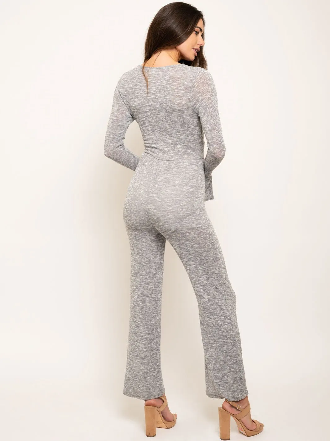 WOMEN'S LONG BELL SLEEVE V-NECK KNIT JUMPSUIT