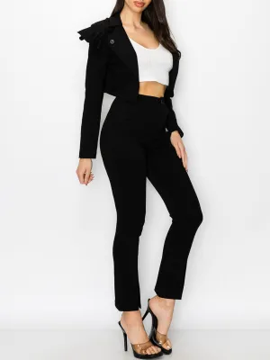 WOMEN'S LONG SLEEVE RUFFLE JACKET & PANTS 2PC SET