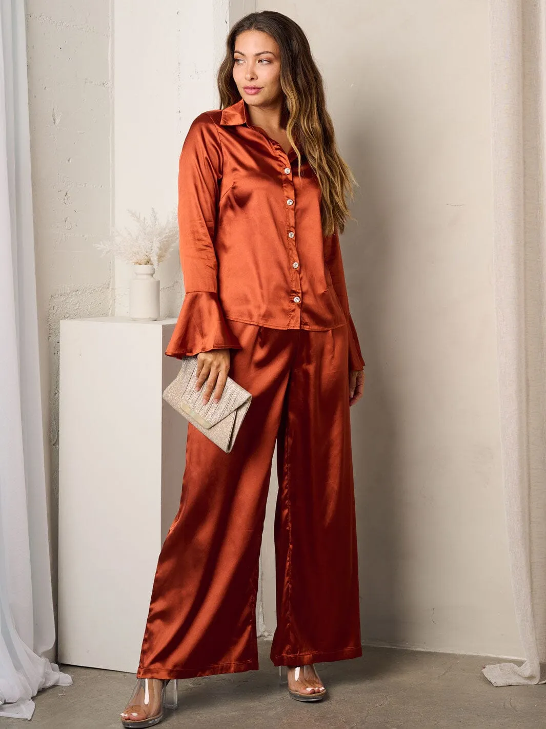 WOMEN'S LONG SLEEVE TOP & PANTS SATIN SET