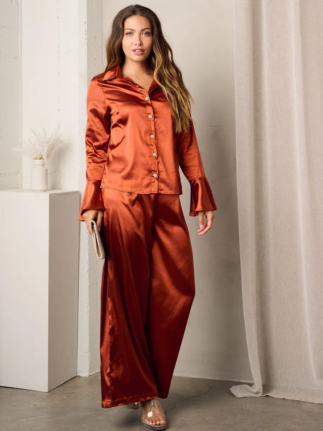 WOMEN'S LONG SLEEVE TOP & PANTS SATIN SET
