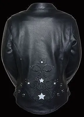 WOMEN'S MOTORCYCLE REFLECTIVE STAR JACKET W/RIVET DETAILING W/2 GUN POCKETS