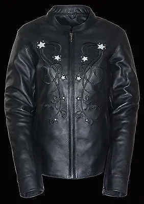 WOMEN'S MOTORCYCLE REFLECTIVE STAR JACKET W/RIVET DETAILING W/2 GUN POCKETS