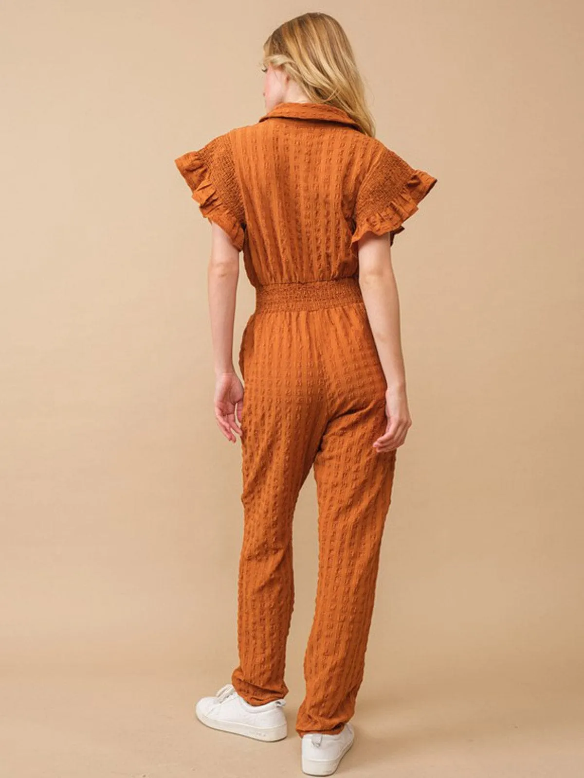 WOMEN'S SHORT RUFFLE SLEEVE ELASTIC WAIST POCKETS JUMPSUIT