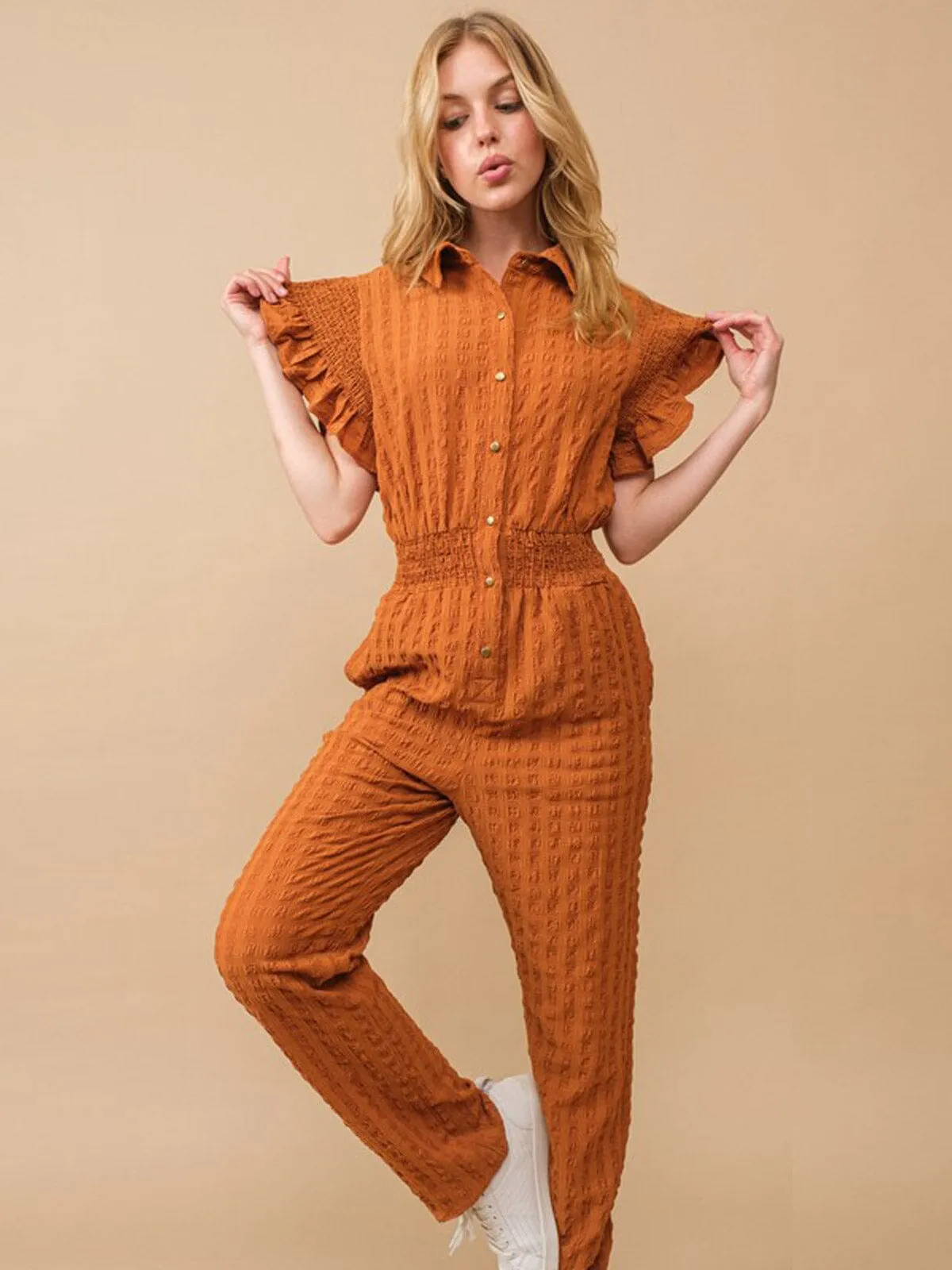 WOMEN'S SHORT RUFFLE SLEEVE ELASTIC WAIST POCKETS JUMPSUIT
