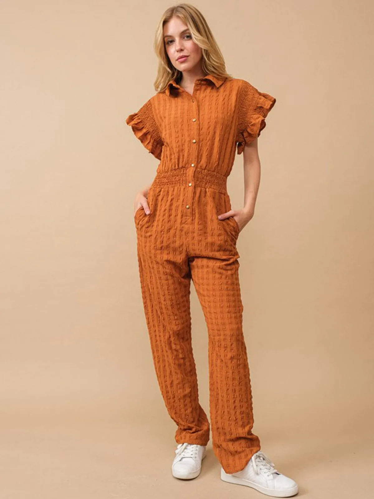 WOMEN'S SHORT RUFFLE SLEEVE ELASTIC WAIST POCKETS JUMPSUIT