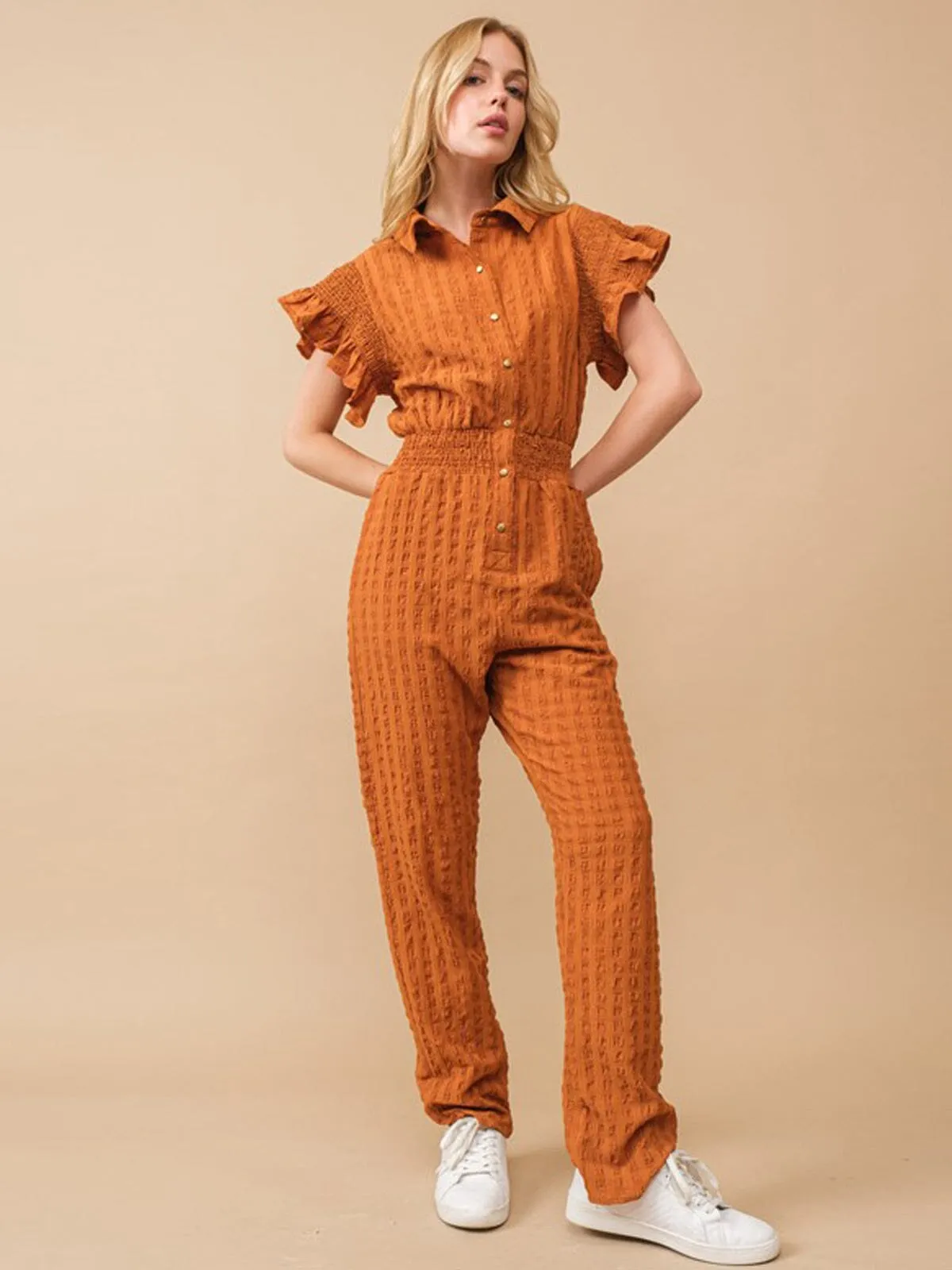 WOMEN'S SHORT RUFFLE SLEEVE ELASTIC WAIST POCKETS JUMPSUIT
