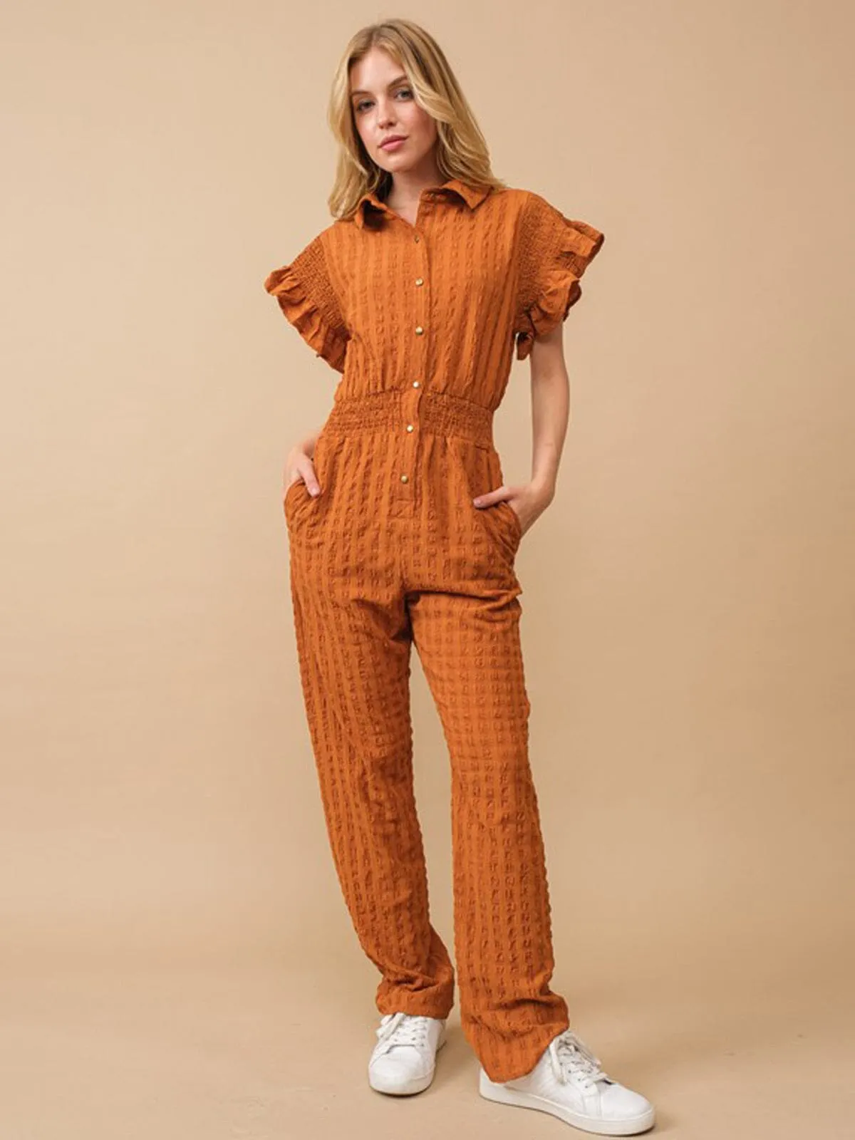 WOMEN'S SHORT RUFFLE SLEEVE ELASTIC WAIST POCKETS JUMPSUIT