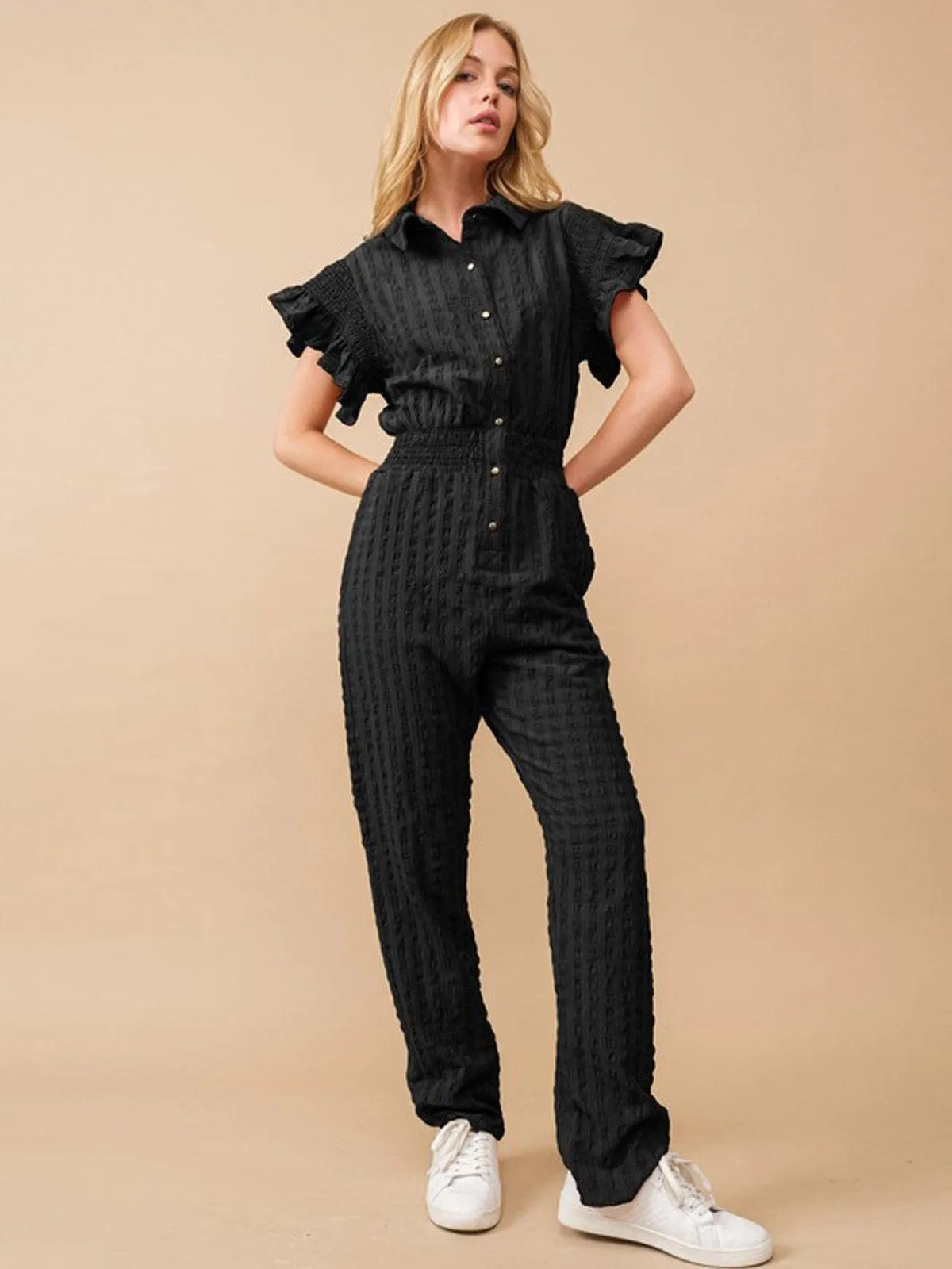WOMEN'S SHORT RUFFLE SLEEVE ELASTIC WAIST POCKETS JUMPSUIT