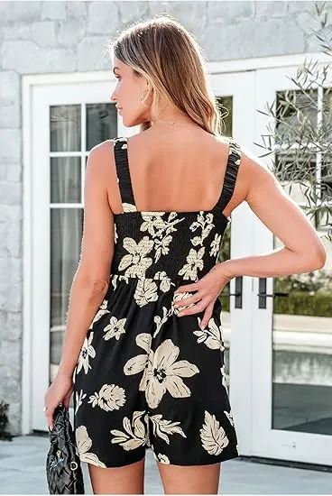 💃Women's Summer Square Neck Sleeveless Loose Casual Short Smocked Romper✨