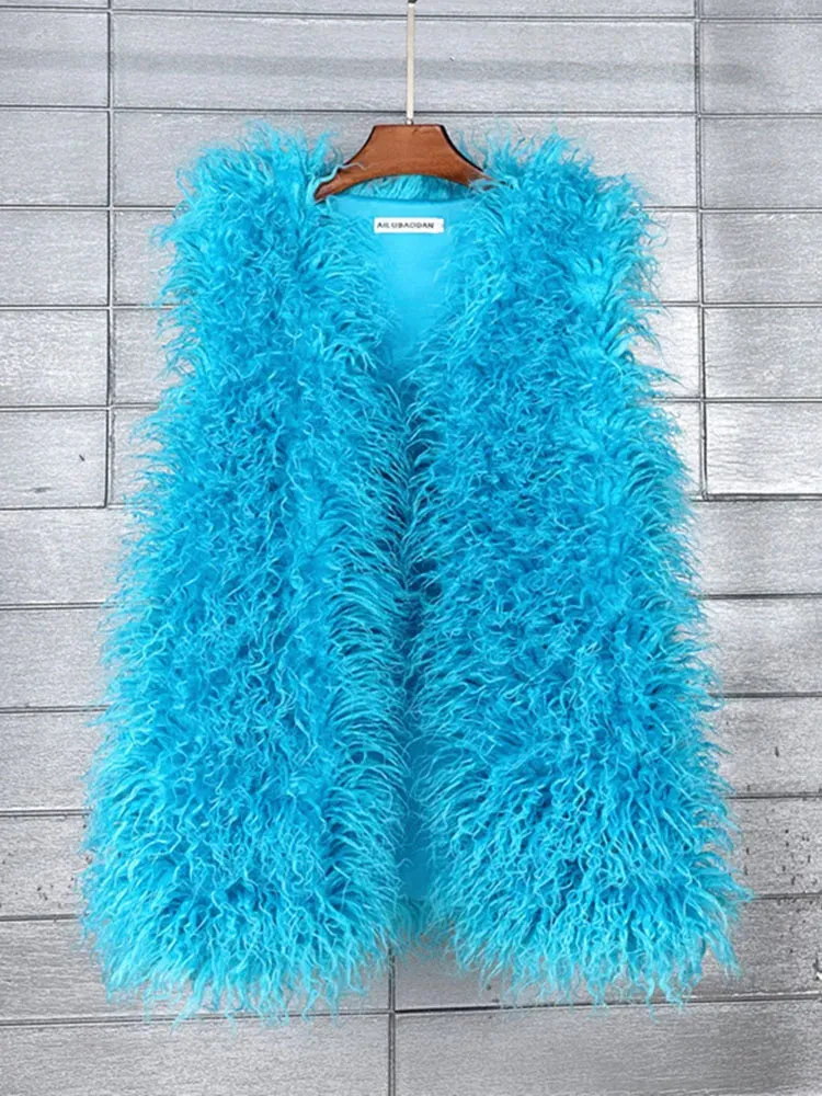 ZADORIN Fashion Winter 75cm Long Fluffy Faux Fur Vest Women Colorful Faux Mongolia Sheep Fur Gilet Fake Fur Jackets Women Coats