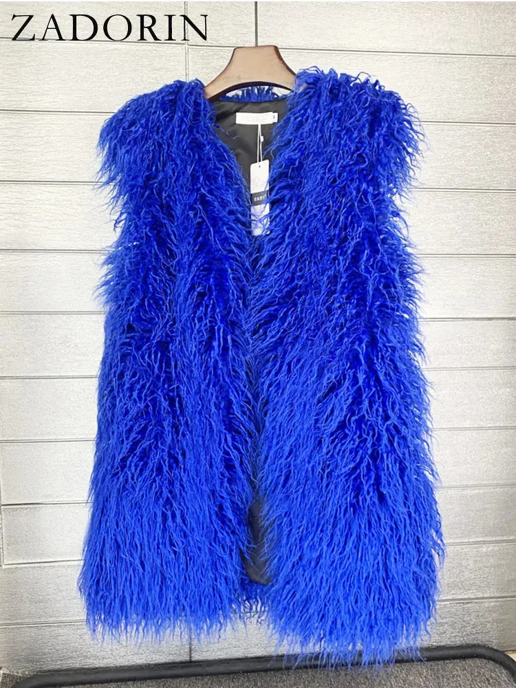 ZADORIN Fashion Winter 75cm Long Fluffy Faux Fur Vest Women Colorful Faux Mongolia Sheep Fur Gilet Fake Fur Jackets Women Coats