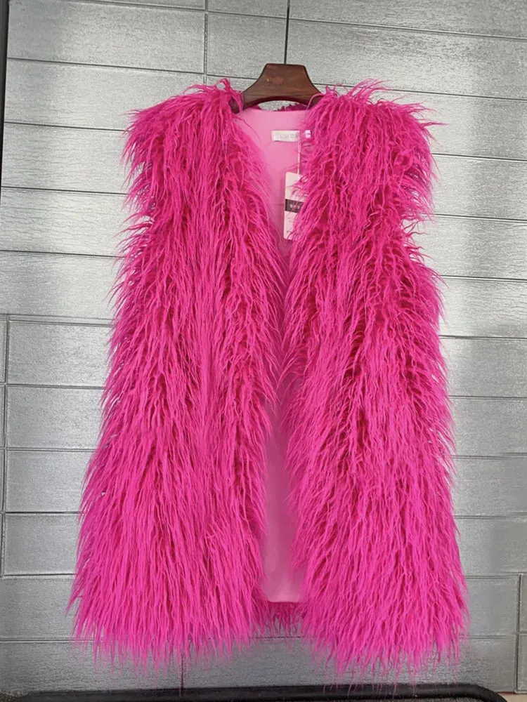 ZADORIN Fashion Winter 75cm Long Fluffy Faux Fur Vest Women Colorful Faux Mongolia Sheep Fur Gilet Fake Fur Jackets Women Coats