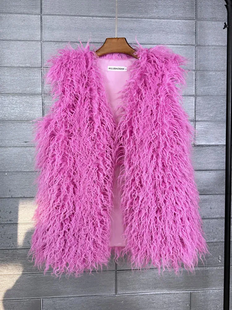 ZADORIN Fashion Winter 75cm Long Fluffy Faux Fur Vest Women Colorful Faux Mongolia Sheep Fur Gilet Fake Fur Jackets Women Coats