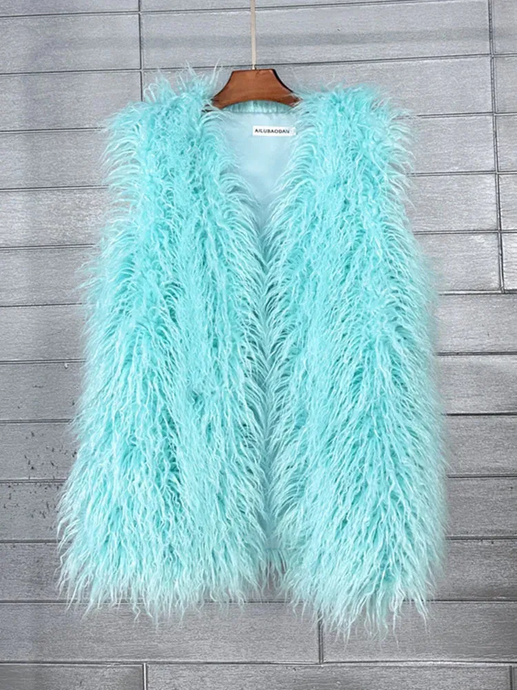 ZADORIN Fashion Winter 75cm Long Fluffy Faux Fur Vest Women Colorful Faux Mongolia Sheep Fur Gilet Fake Fur Jackets Women Coats