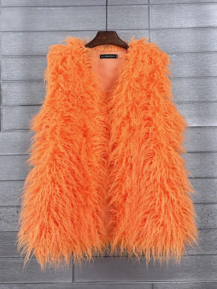 ZADORIN Fashion Winter 75cm Long Fluffy Faux Fur Vest Women Colorful Faux Mongolia Sheep Fur Gilet Fake Fur Jackets Women Coats