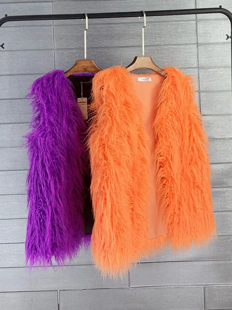 ZADORIN Fashion Winter 75cm Long Fluffy Faux Fur Vest Women Colorful Faux Mongolia Sheep Fur Gilet Fake Fur Jackets Women Coats