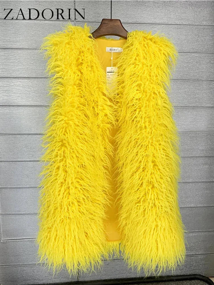 ZADORIN Fashion Winter 75cm Long Fluffy Faux Fur Vest Women Colorful Faux Mongolia Sheep Fur Gilet Fake Fur Jackets Women Coats