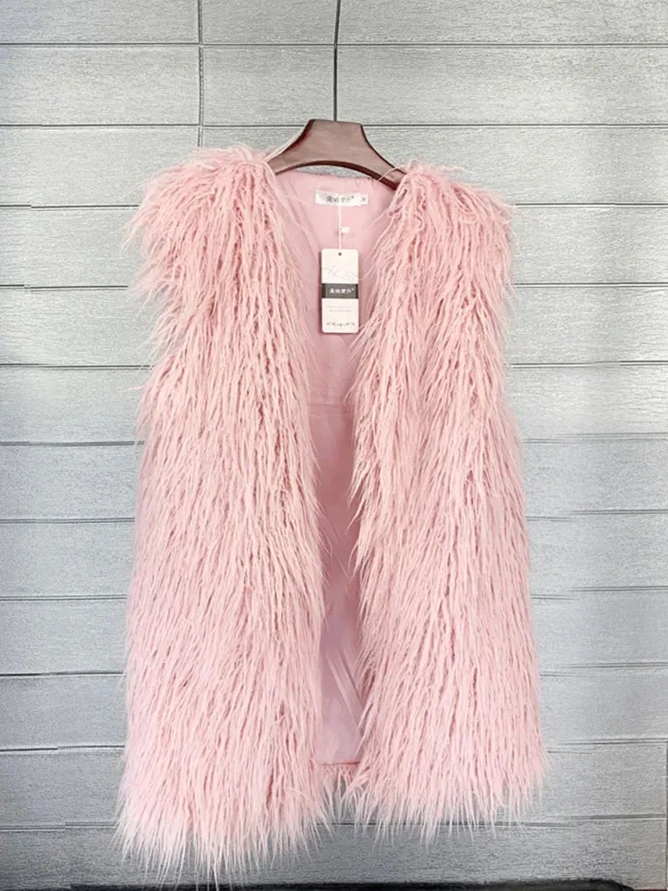 ZADORIN Fashion Winter 75cm Long Fluffy Faux Fur Vest Women Colorful Faux Mongolia Sheep Fur Gilet Fake Fur Jackets Women Coats