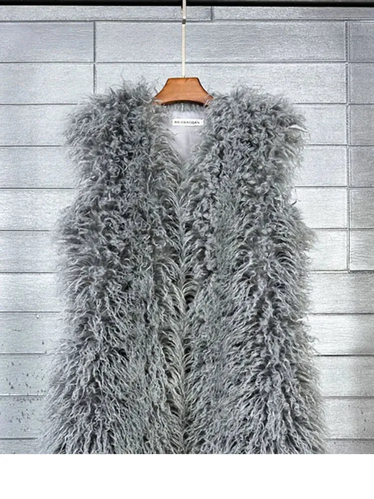 ZADORIN Fashion Winter 75cm Long Fluffy Faux Fur Vest Women Colorful Faux Mongolia Sheep Fur Gilet Fake Fur Jackets Women Coats