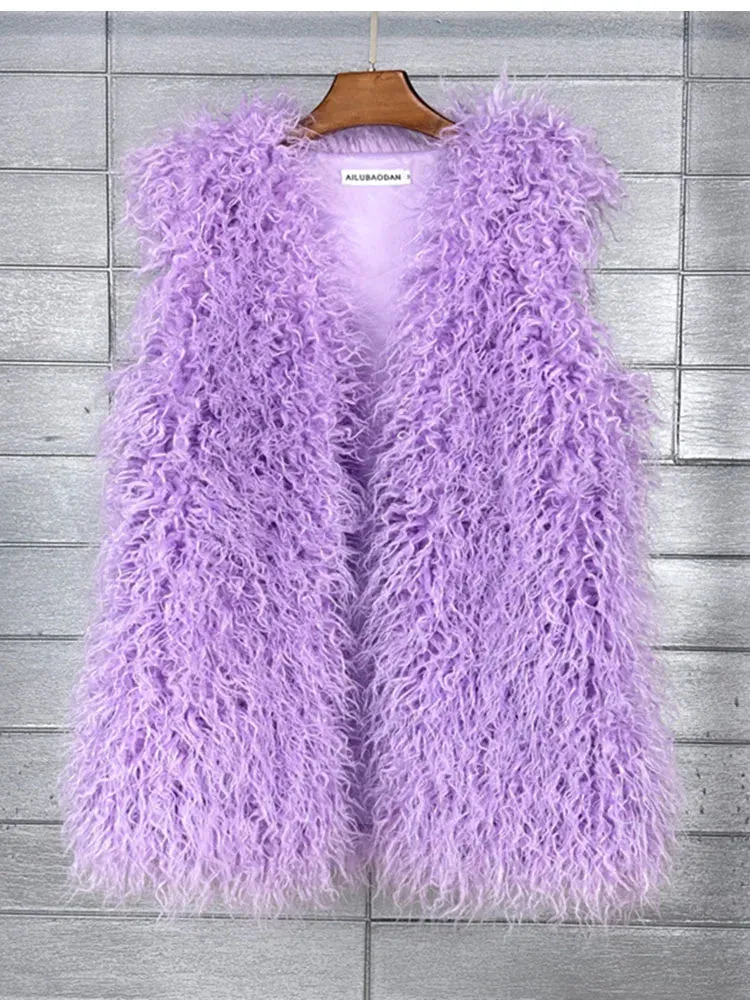 ZADORIN Fashion Winter 75cm Long Fluffy Faux Fur Vest Women Colorful Faux Mongolia Sheep Fur Gilet Fake Fur Jackets Women Coats