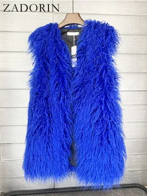 ZADORIN Fashion Winter 75cm Long Fluffy Faux Fur Vest Women Colorful Faux Mongolia Sheep Fur Gilet Fake Fur Jackets Women Coats